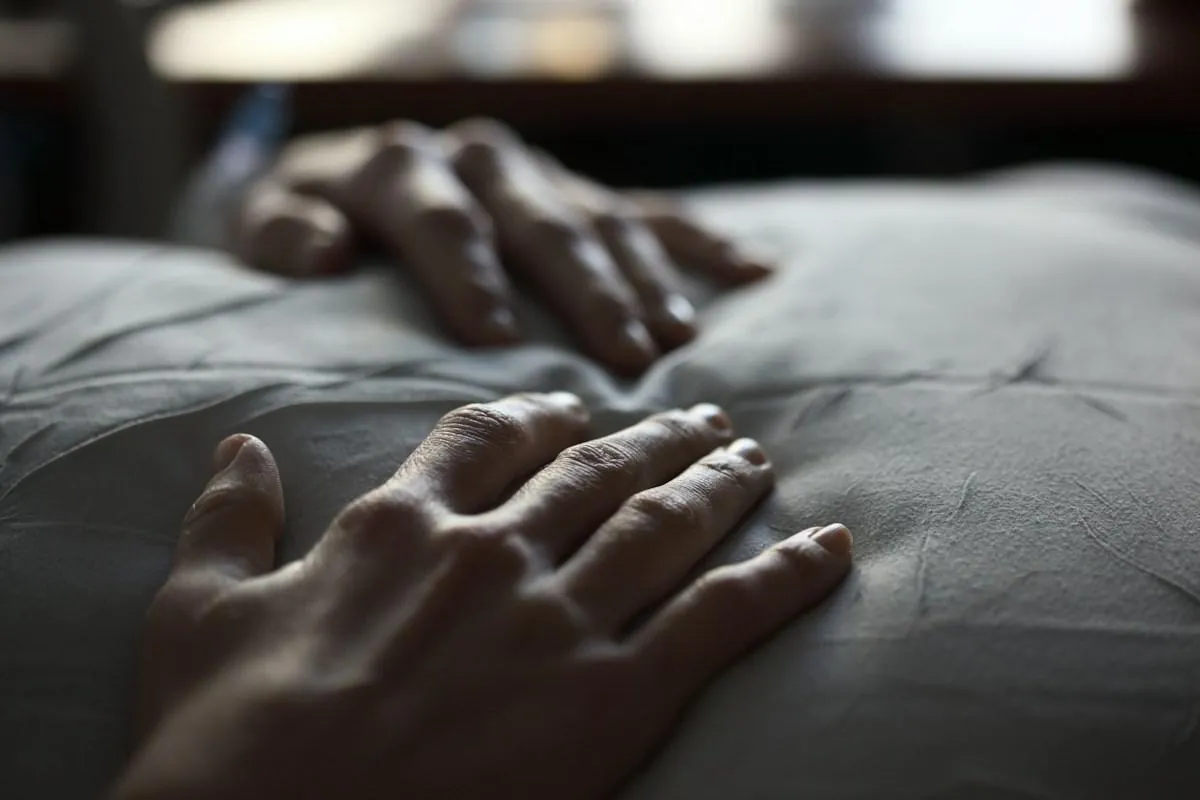 Mains posées sur un tissu, en douceur